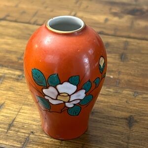 Arita Red Orange Hand Painted Porcelain Mini Vase